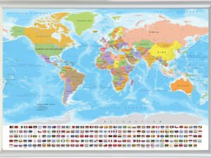 Παγκόσμιος χάρτης με σημαίες κορνίζα. Κορνίζα αλουμινίου σε μέγεθος 70Χ100 εκ. λεπτομερής χάρτης του κόσμου στα ελληνικά με σημαίες.